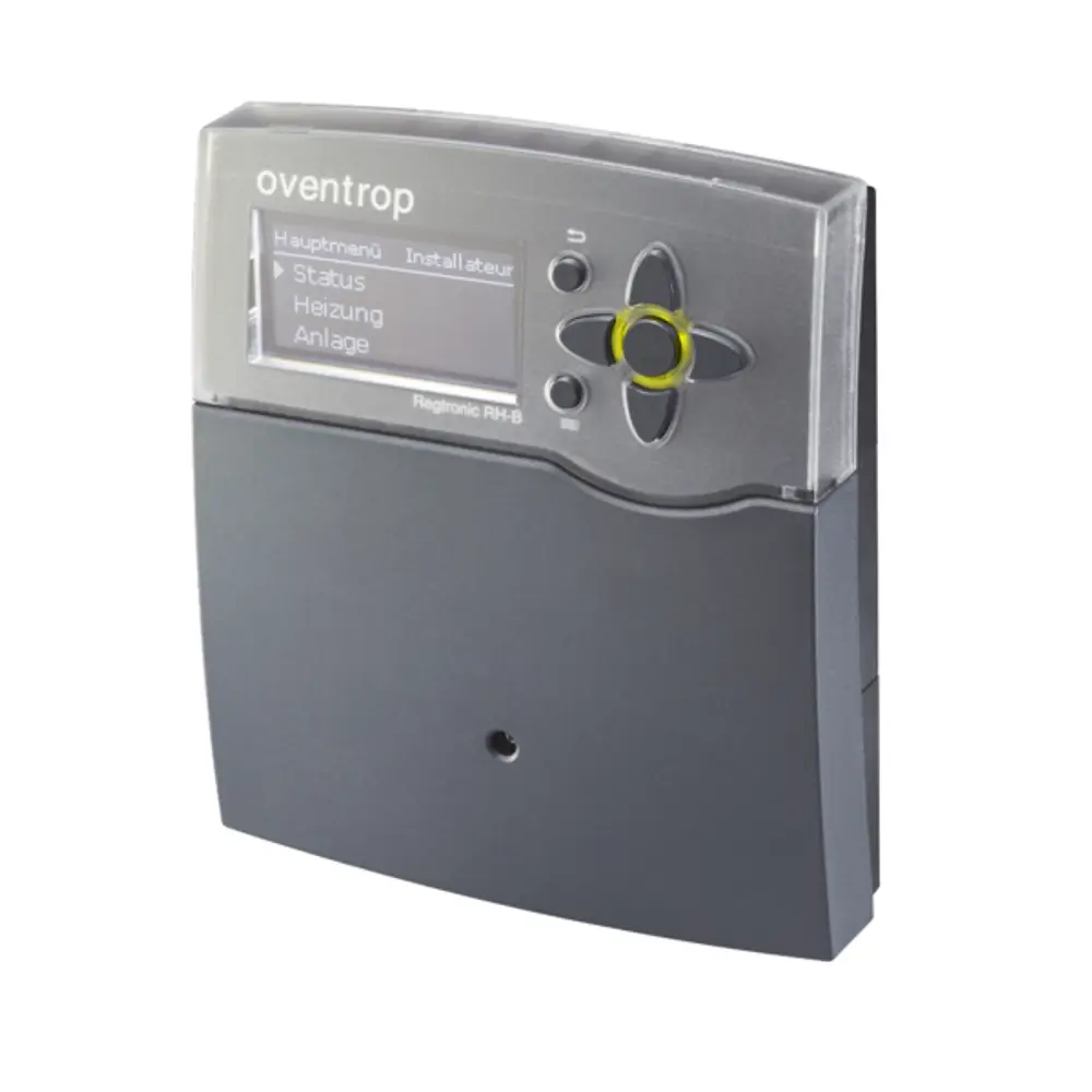 Oventrop Heizkreisregler mit Display und Navigationsknopf zur Steuerung der Heizungsanlage, ausgestattet mit mehreren Sensorschnittstellen für Außen- und Speicherfühler.
